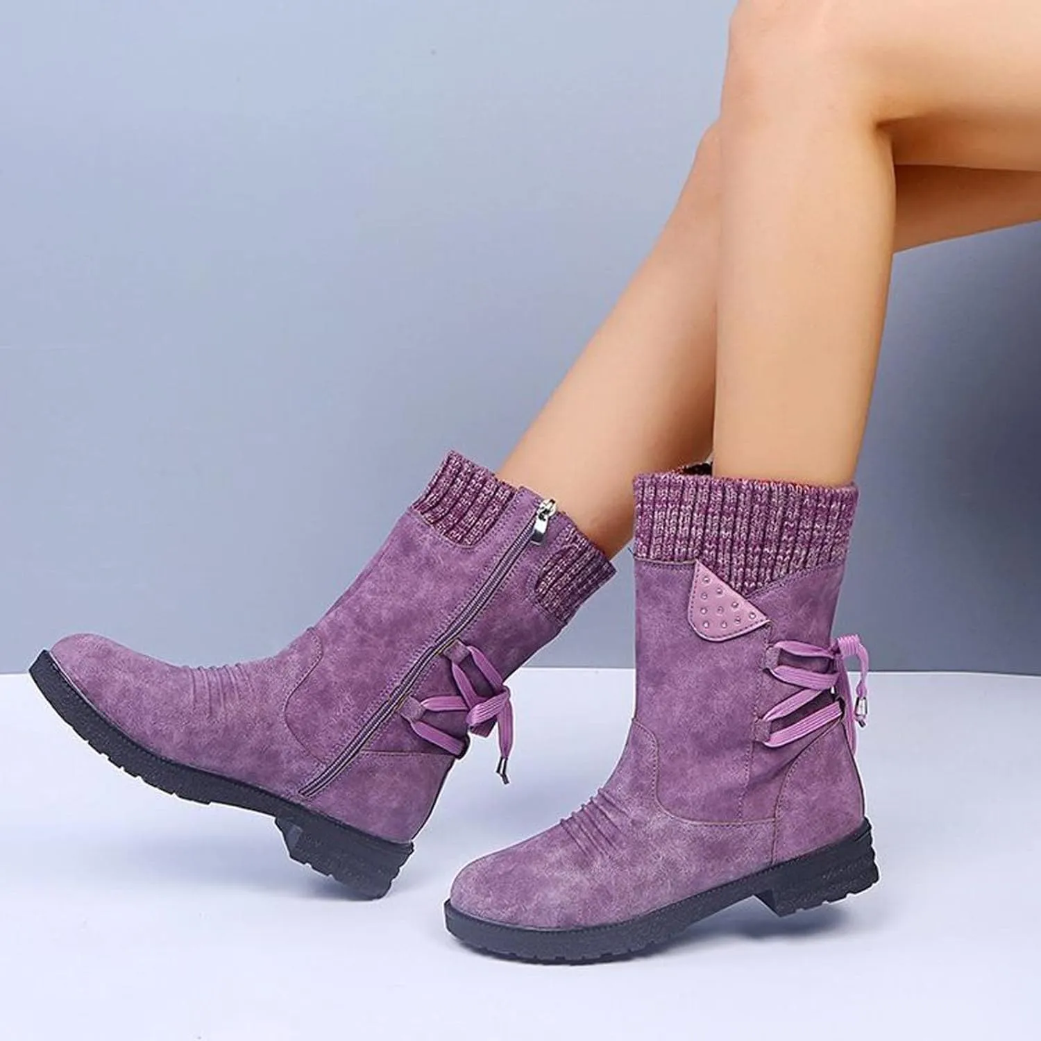 Women Ankle Boots Western Cowboy Booties Retro Suede Lace-up Side Zipper Casual Shoes Low Heels Non-slip Calf Boot