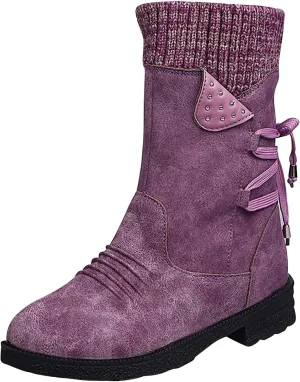 Women Ankle Boots Western Cowboy Booties Retro Suede Lace-up Side Zipper Casual Shoes Low Heels Non-slip Calf Boot