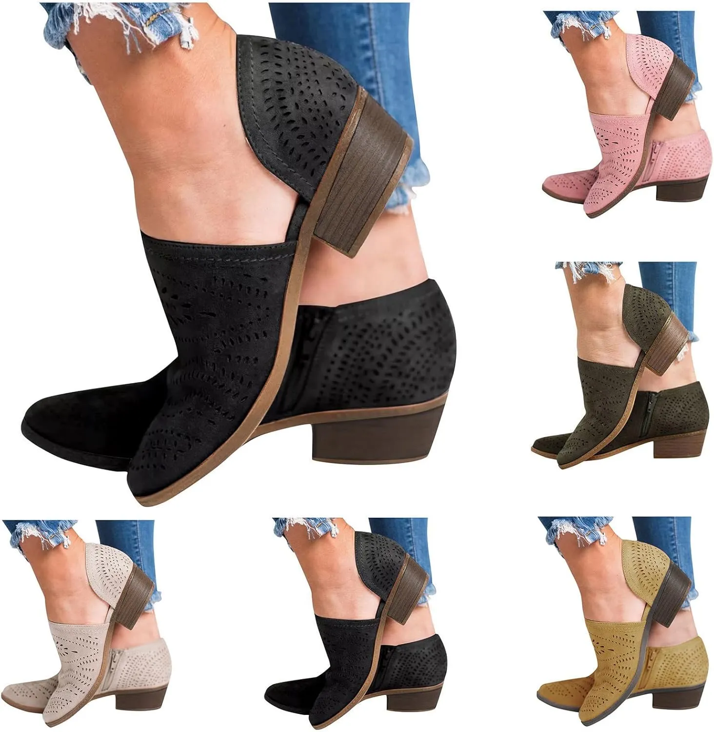Women Casual Square Heels Boots Hollow-out Ankle Boots for Women Comfortable Hollow-out Pointed Toe Square Heel