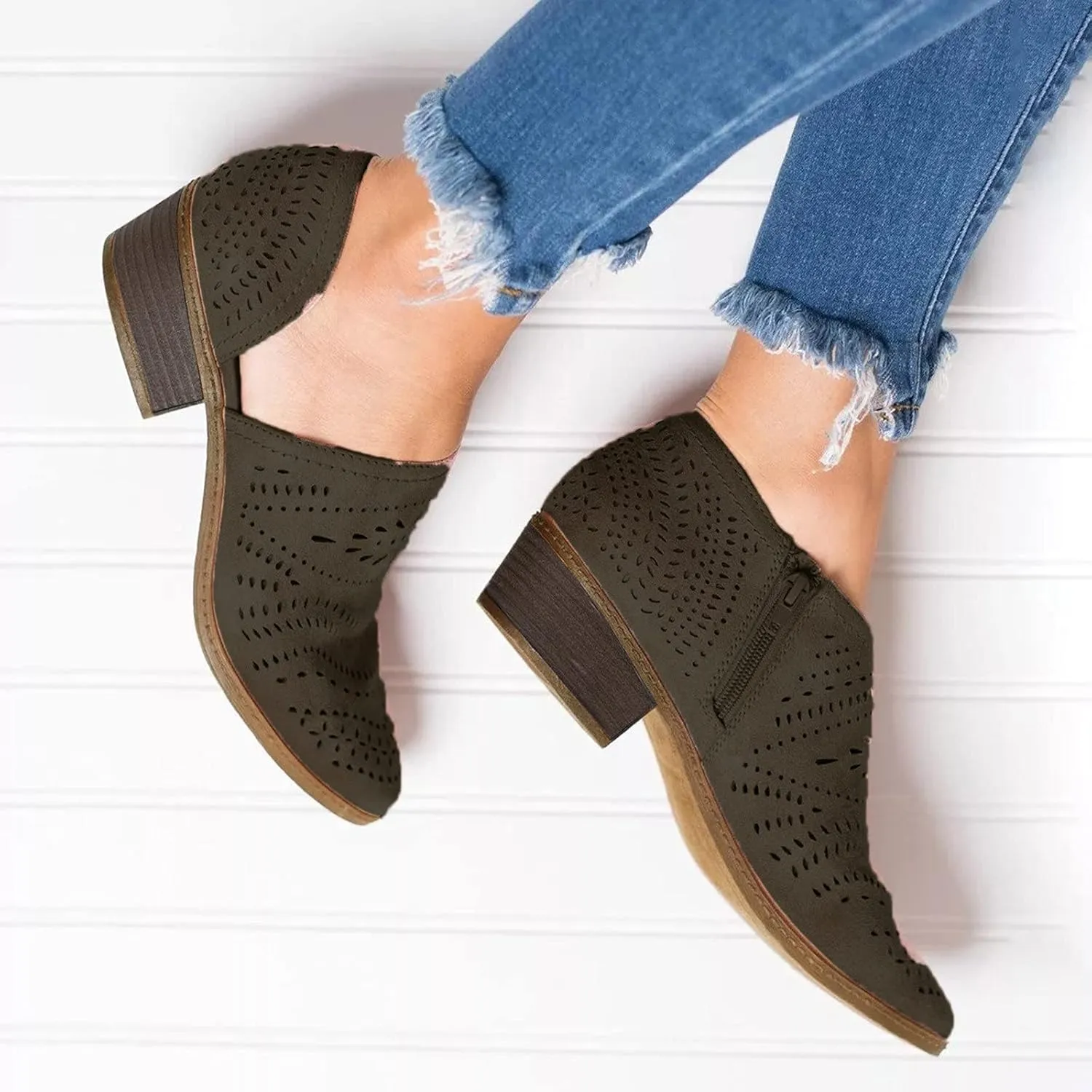 Women Casual Square Heels Boots Hollow-out Ankle Boots for Women Comfortable Hollow-out Pointed Toe Square Heel