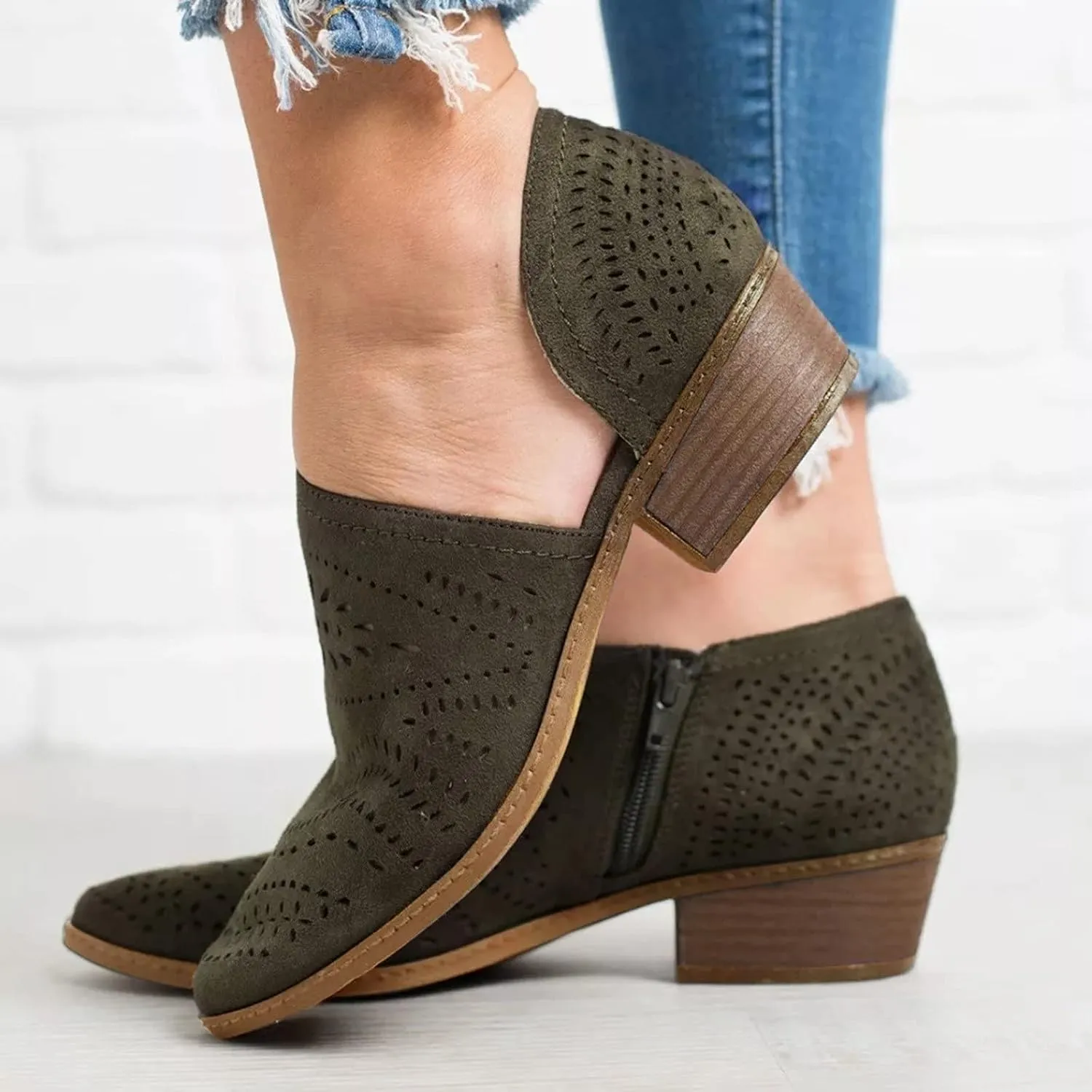 Women Casual Square Heels Boots Hollow-out Ankle Boots for Women Comfortable Hollow-out Pointed Toe Square Heel