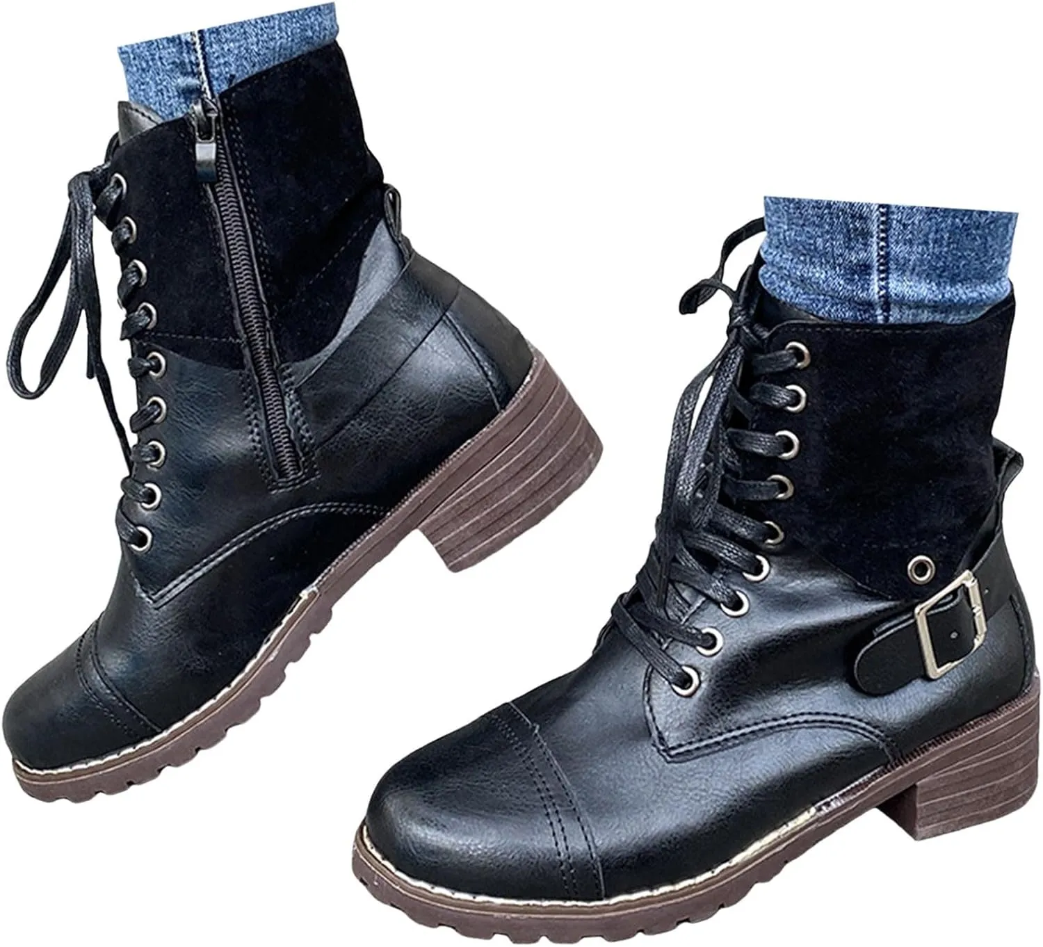 Women Combat Boots Low Heel Women Boots Ankle Boots Western Casual Lace up Round Toe Side Zipper with Buckle Boots