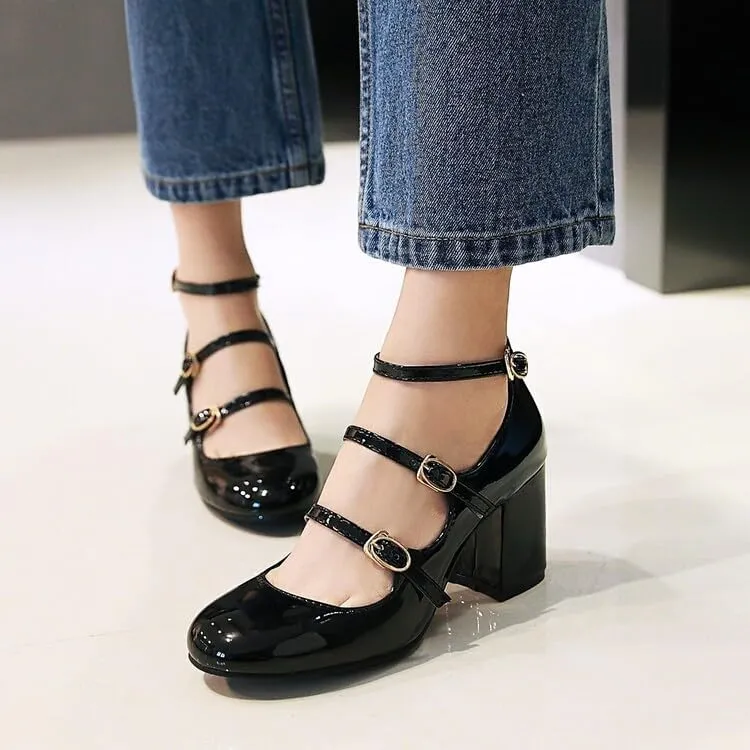 Women Elegant Ankle Strap Mary Jane Pumps Glossy Patent High Block Heels