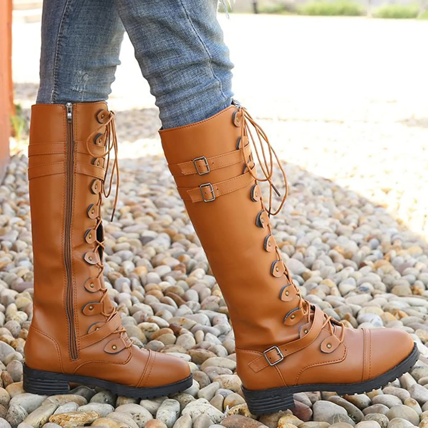 Women Knee High Combat Boots Chunky Heel Boots for Women Fashionable Thigh High Lace up Over the Knee Military Boots