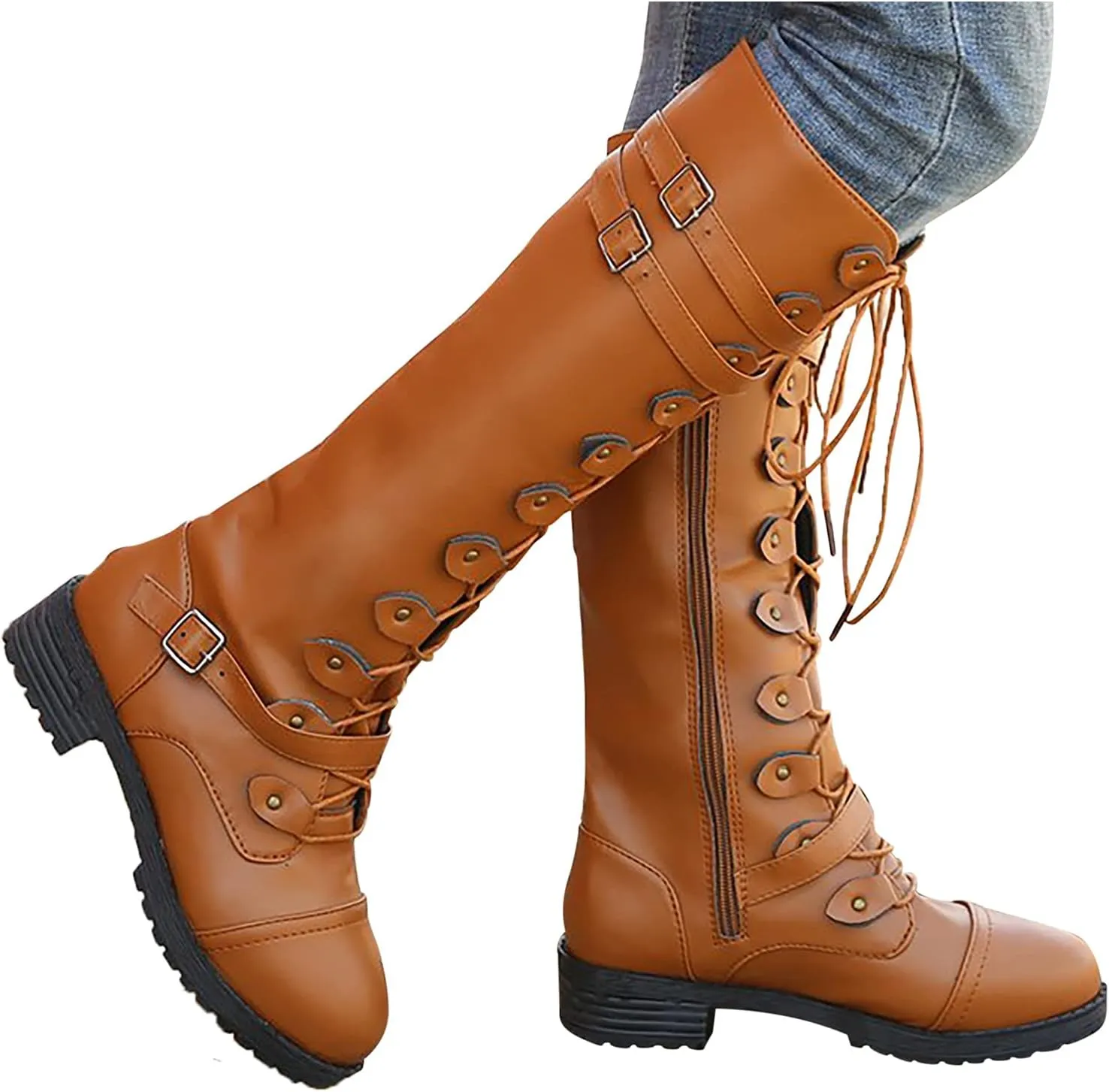 Women Knee High Combat Boots Chunky Heel Boots for Women Fashionable Thigh High Lace up Over the Knee Military Boots