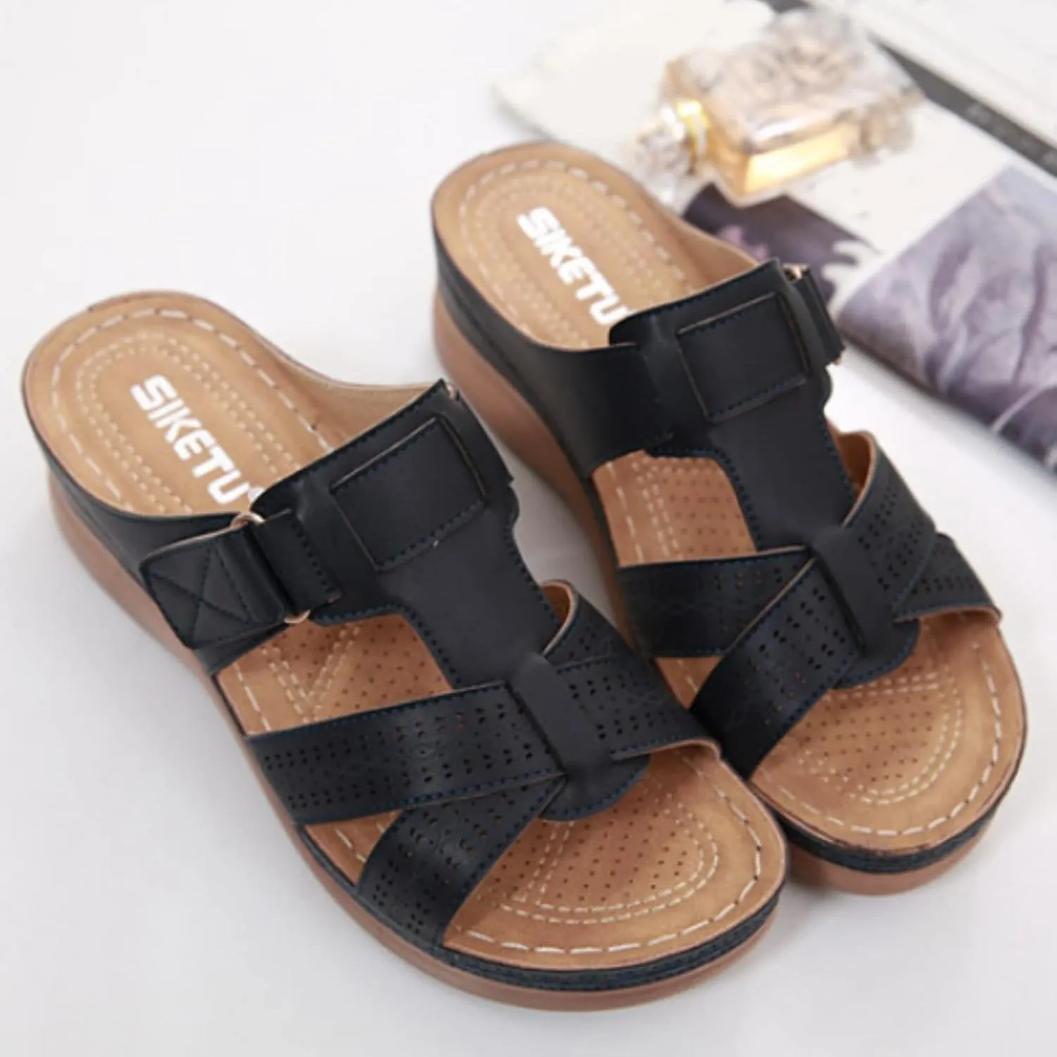 Women Orthopedic Wedges Platform Sandals with Arch Support Open Toe Slingback Slip On Summer Casual Fashion Footwear Comfortable Breathable Walking Beach Non Slip Shoes for Daily Wear