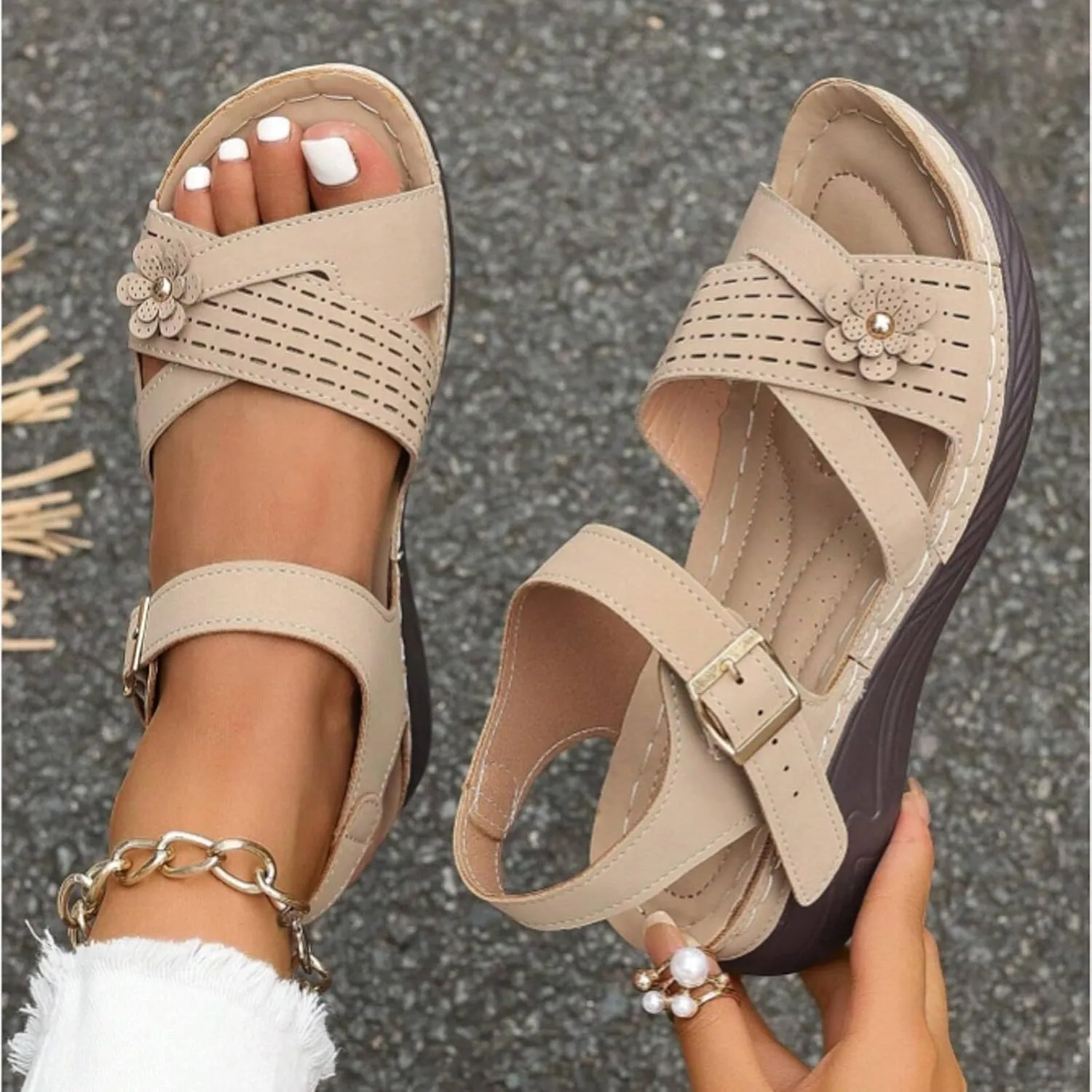 Women Summer Orthopedic Wedge Sandals Floral Open Toe Comfortable Wedge Shoes Fashionable Stylish Breathable Non Slip Wedge Shoes