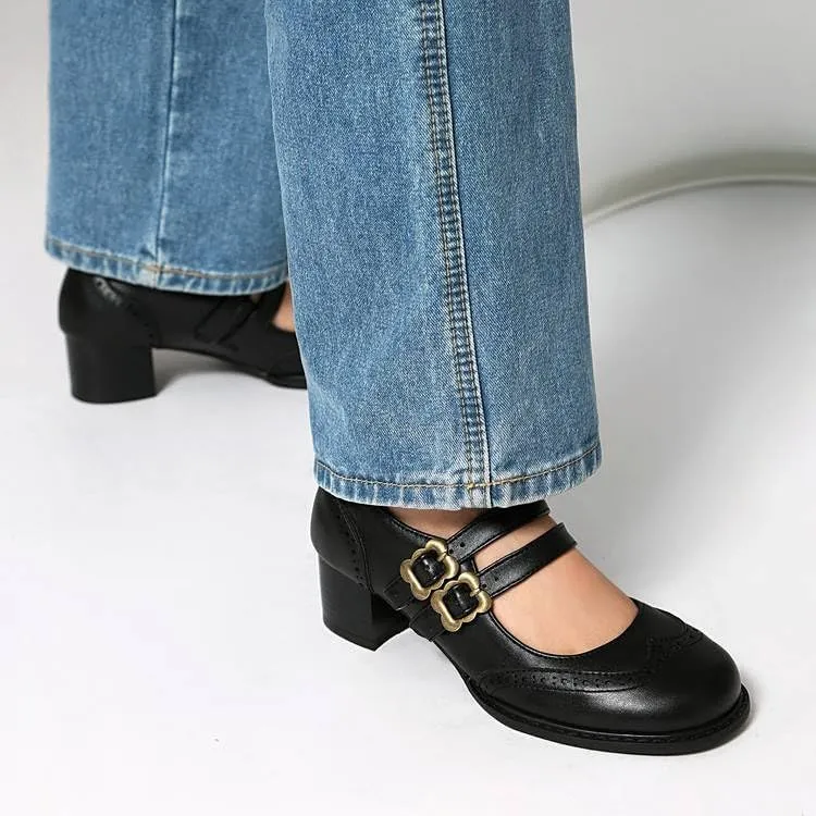 Women Vintage Mary Jane Pumps Square Toe Block Heels with Belt Buckles