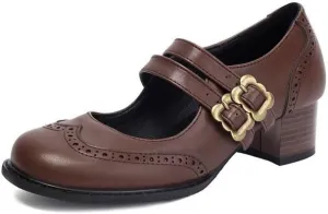 Women Vintage Mary Jane Pumps Square Toe Block Heels with Belt Buckles