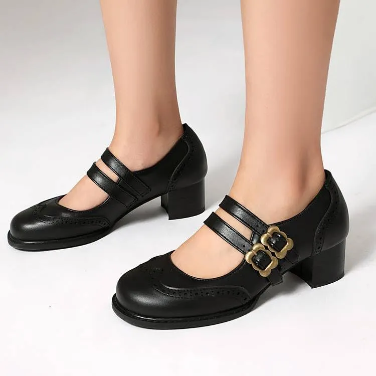 Women Vintage Mary Jane Pumps Square Toe Block Heels with Belt Buckles