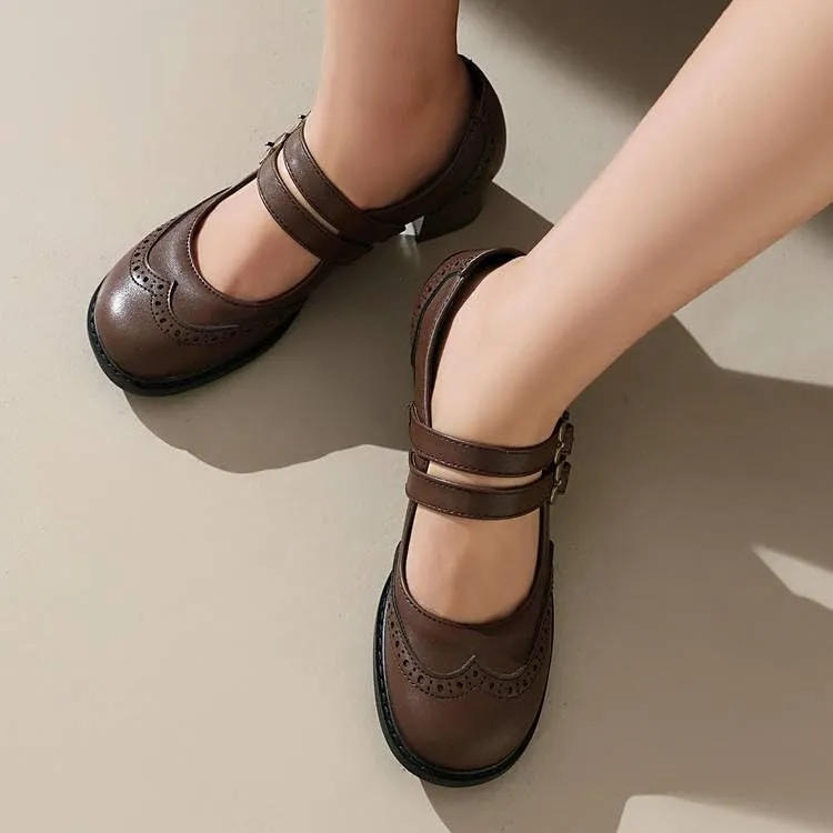 Women Vintage Mary Jane Pumps Square Toe Block Heels with Belt Buckles