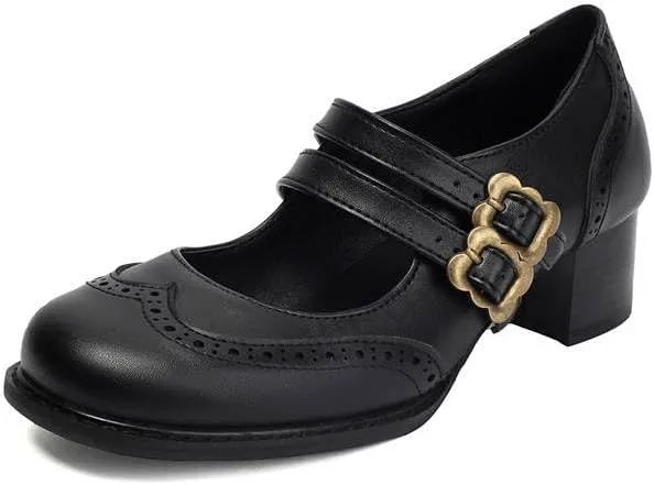 Women Vintage Mary Jane Pumps Square Toe Block Heels with Belt Buckles