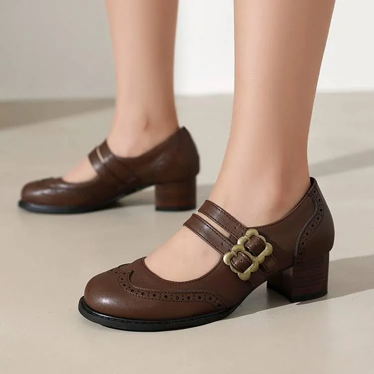 Women Vintage Mary Jane Pumps Square Toe Block Heels with Belt Buckles