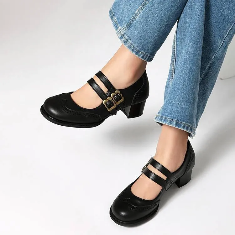 Women Vintage Mary Jane Pumps Square Toe Block Heels with Belt Buckles