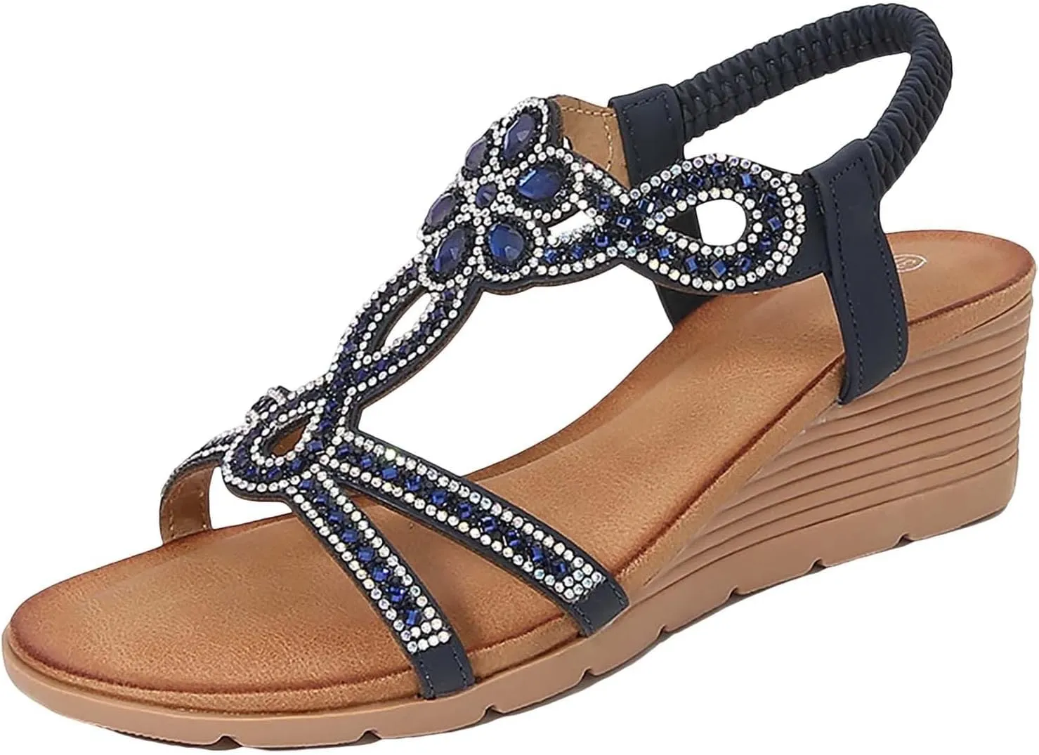 Women Wedge Sandals Bohemia Rhinestone Open Toe Beach Sandals Sparkling Elastic Ankle Strap Dress Shoes with Arch Support