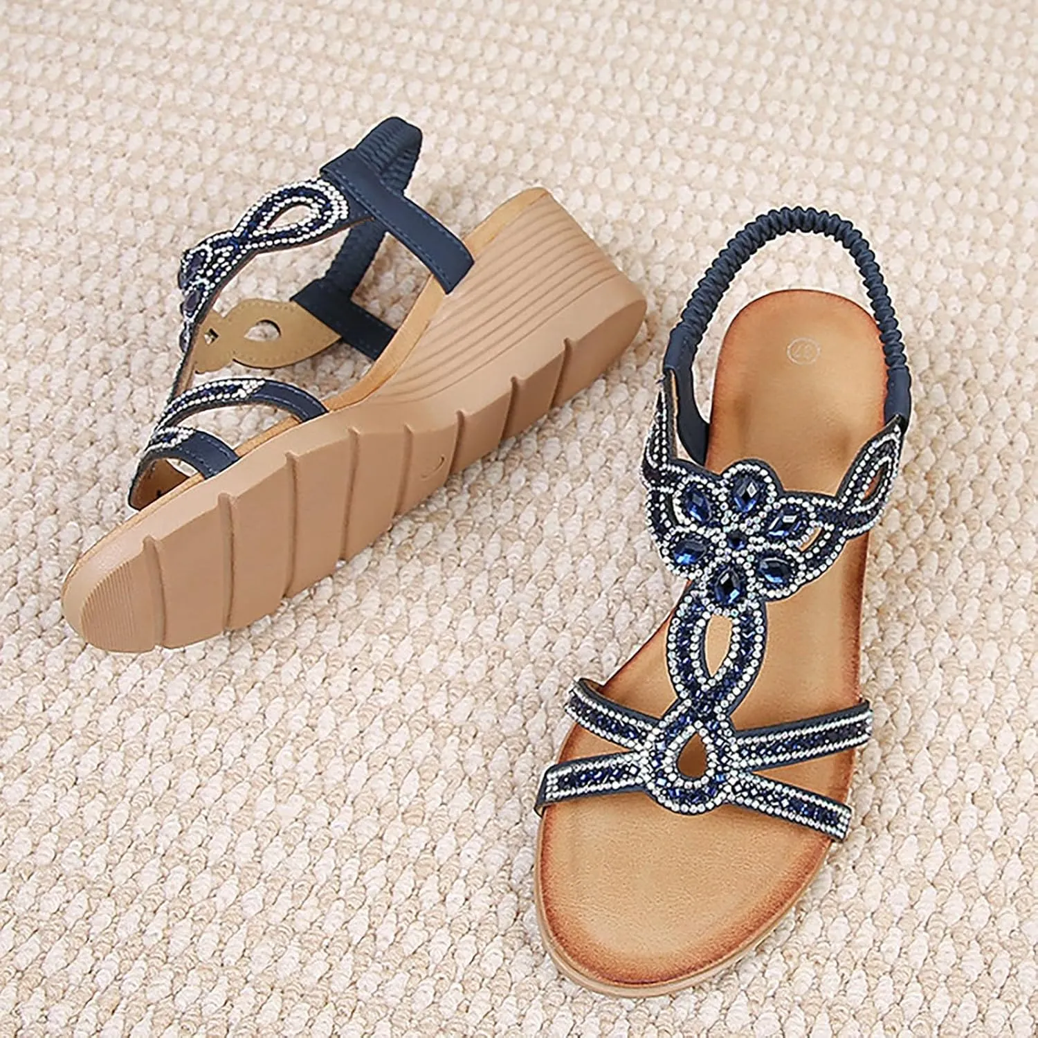 Women Wedge Sandals Bohemia Rhinestone Open Toe Beach Sandals Sparkling Elastic Ankle Strap Dress Shoes with Arch Support