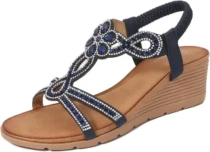 Women Wedge Sandals Bohemia Rhinestone Open Toe Beach Sandals Sparkling Elastic Ankle Strap Dress Shoes with Arch Support