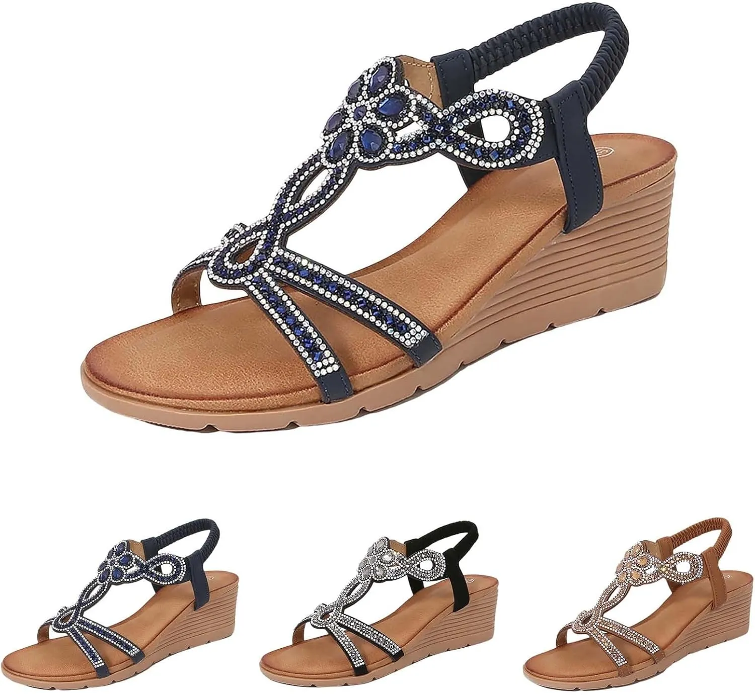 Women Wedge Sandals Bohemia Rhinestone Open Toe Beach Sandals Sparkling Elastic Ankle Strap Dress Shoes with Arch Support