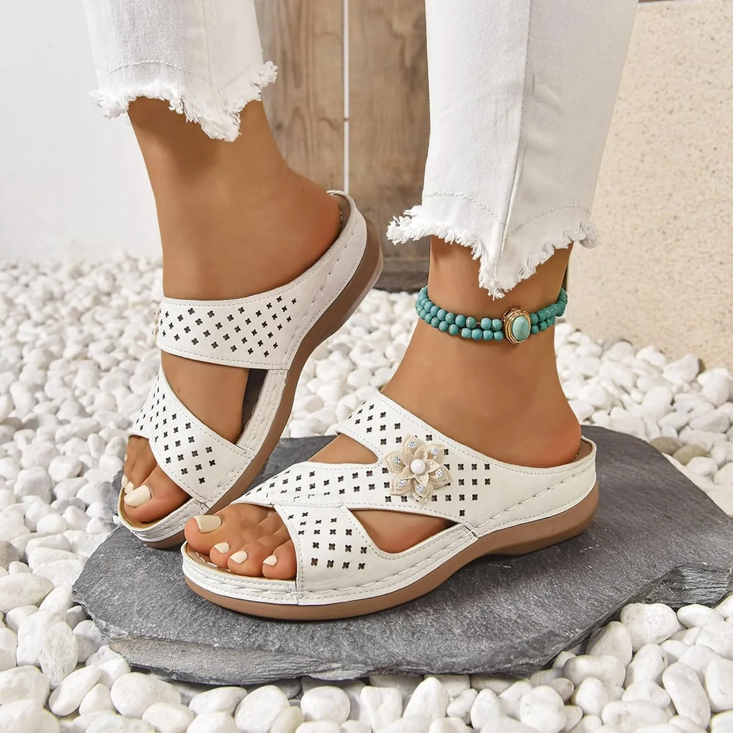 Women Wedge Sandals ZSpzx,Breathable Hollow Out Flower Slipper Summer Fashion Arch Support Orthopedic Sandal Comfortable Open Toe Daily Wear Soft Cushion Slide Indoor Outdoor Slip-On Walking Footwear