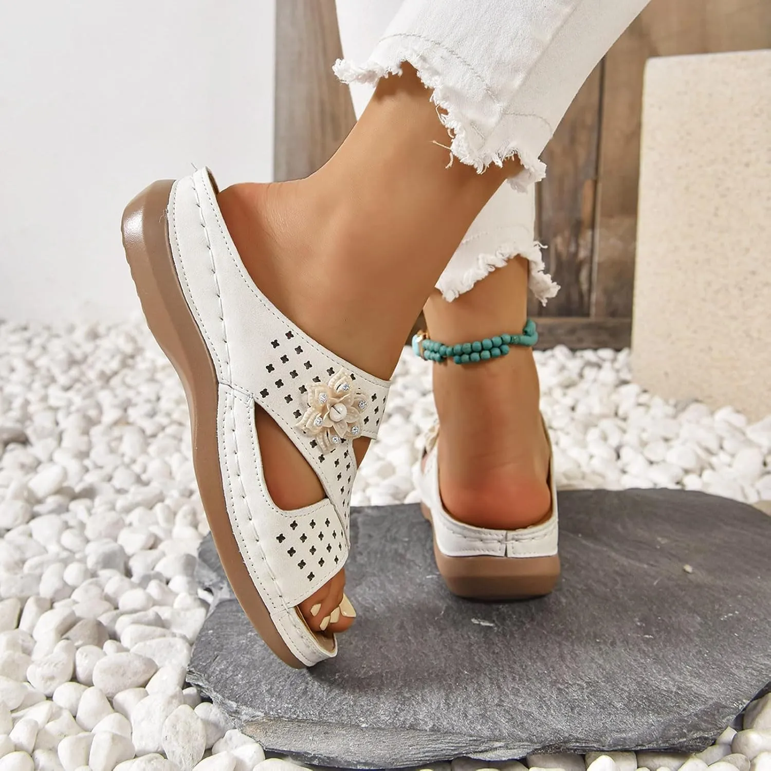Women Wedge Sandals ZSpzx,Breathable Hollow Out Flower Slipper Summer Fashion Arch Support Orthopedic Sandal Comfortable Open Toe Daily Wear Soft Cushion Slide Indoor Outdoor Slip-On Walking Footwear