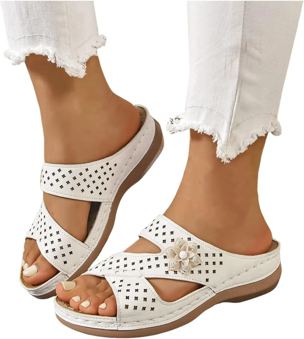 Women Wedge Sandals ZSpzx,Breathable Hollow Out Flower Slipper Summer Fashion Arch Support Orthopedic Sandal Comfortable Open Toe Daily Wear Soft Cushion Slide Indoor Outdoor Slip-On Walking Footwear