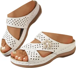 Women Wedge Sandals ZSpzx,Breathable Hollow Out Flower Slipper Summer Fashion Arch Support Orthopedic Sandal Comfortable Open Toe Daily Wear Soft Cushion Slide Indoor Outdoor Slip-On Walking Footwear