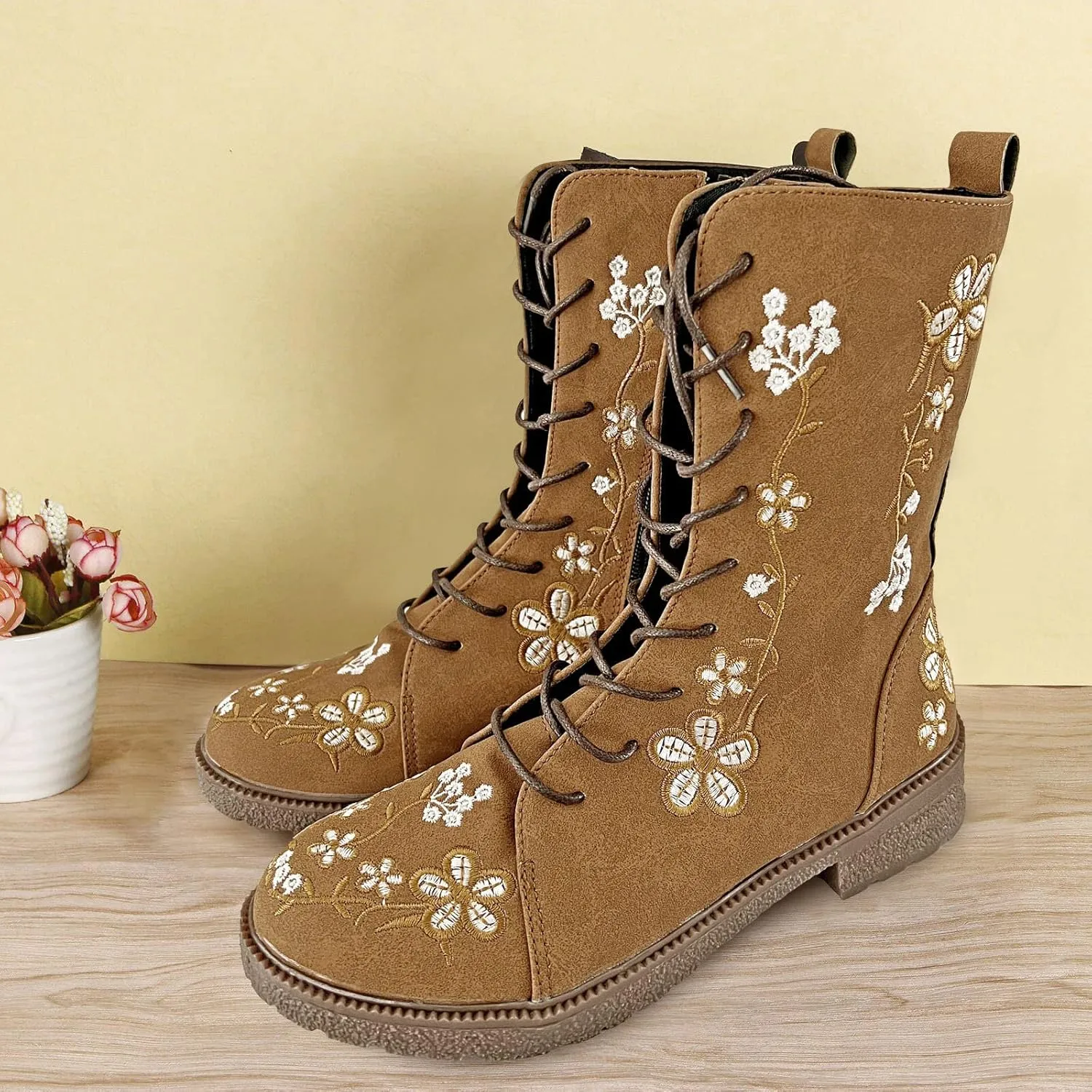 Womens Ankle Boots Western Boots Women Ladies Fashion Embroidered Mid Boots Women's Casual Chunky Heels Women's Boots