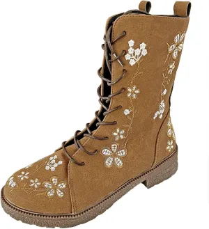 Womens Ankle Boots Western Boots Women Ladies Fashion Embroidered Mid Boots Women's Casual Chunky Heels Women's Boots