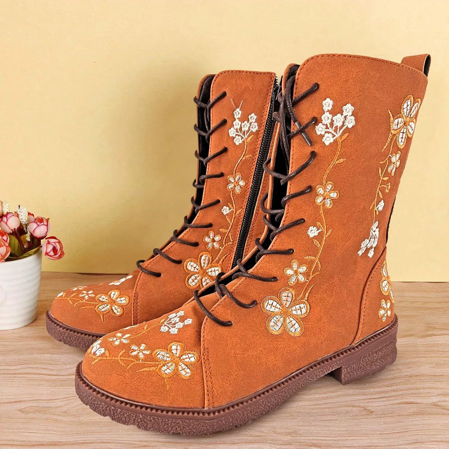Womens Boots Casual Fashion Floral Pattern Lace Up Boots for Women Chunky Heel Lug Sole Cozy Mid-Calf Boots
