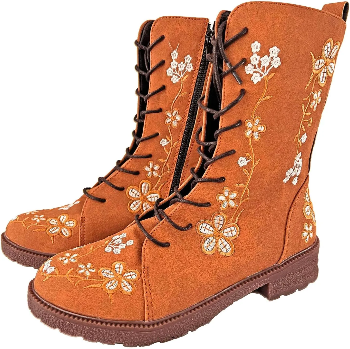 Womens Boots Casual Fashion Floral Pattern Lace Up Boots for Women Chunky Heel Lug Sole Cozy Mid-Calf Boots