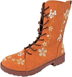 Womens Boots Casual Fashion Floral Pattern Lace Up Boots for Women Chunky Heel Lug Sole Cozy Mid-Calf Boots