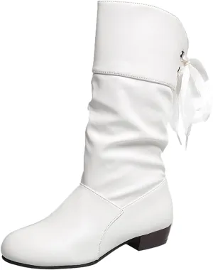 Womens Boots Fashion Bow Tie Pleated PU Leather Boots for Women Solid Color Chunky Heel Durable Mid-Calf Boots