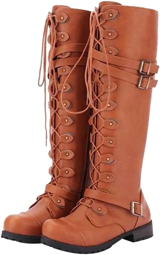 Womens Boots Fashion Gothic Retro Punk Buckle PU Leather Boots for Women Lug Sole Chunky Heel Comfortable Boots