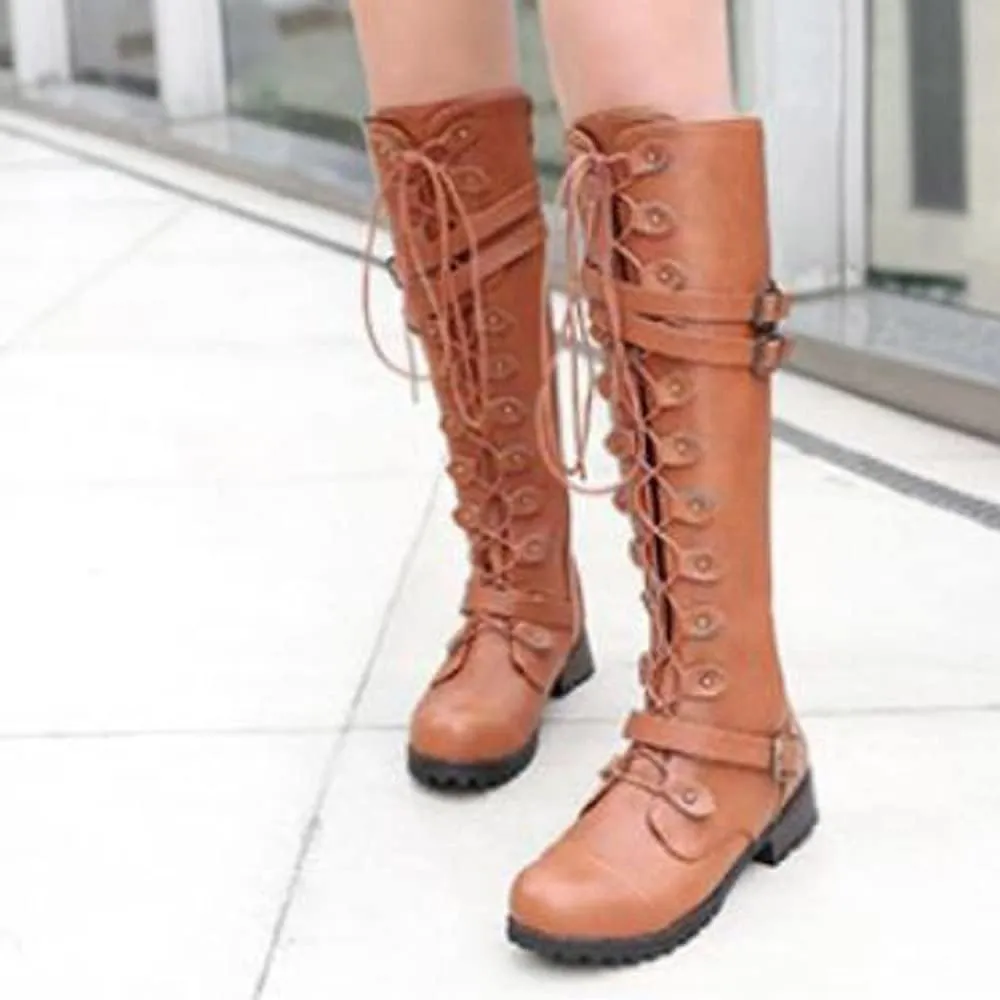 Womens Boots Fashion Gothic Retro Punk Buckle PU Leather Boots for Women Lug Sole Chunky Heel Comfortable Boots