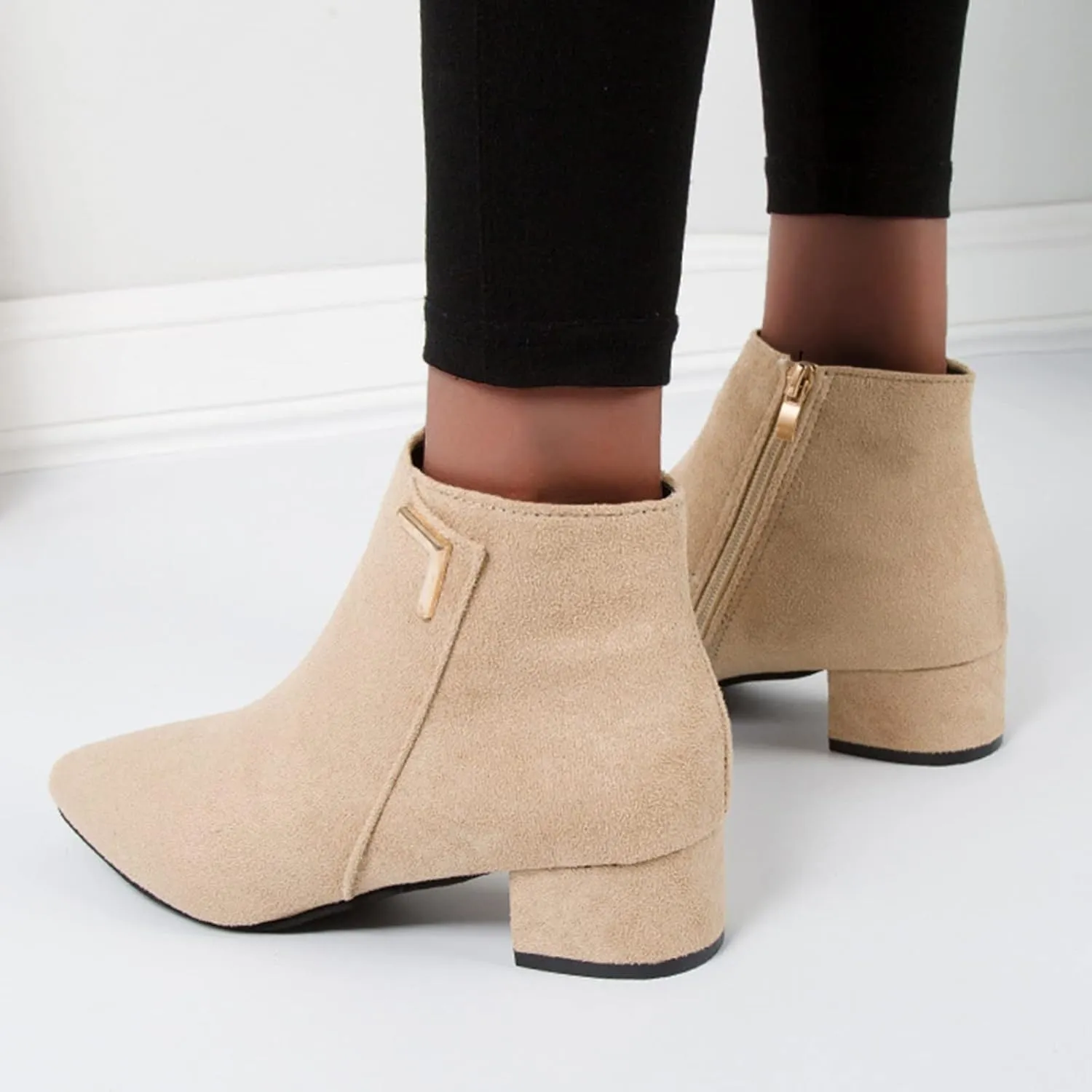 Womens Boots Fashion Suede Fur Lined Thermal Boots for Women Exquisite Square Heels Side Zipper Ankle Boots
