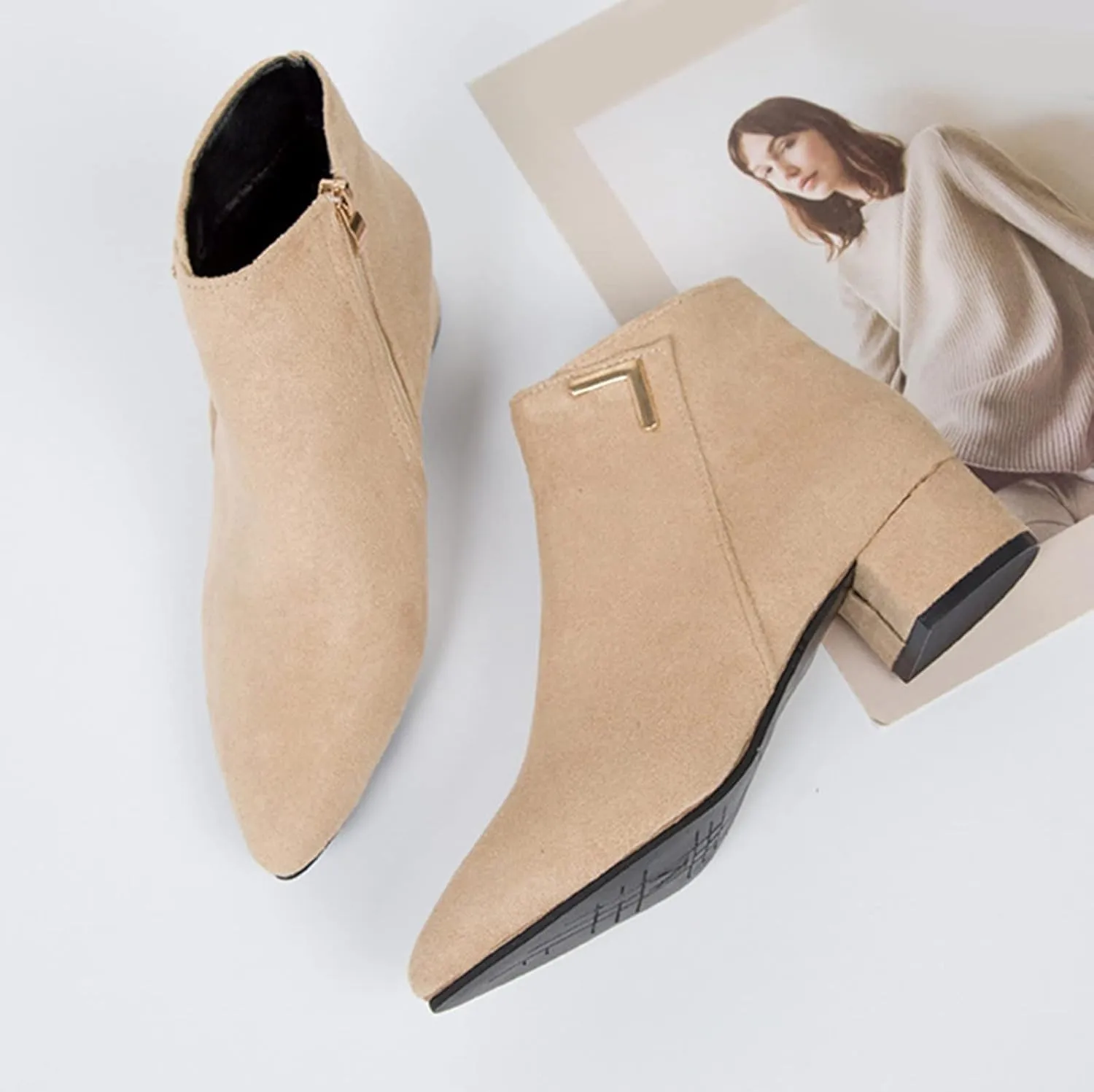 Womens Boots Fashion Suede Fur Lined Thermal Boots for Women Exquisite Square Heels Side Zipper Ankle Boots