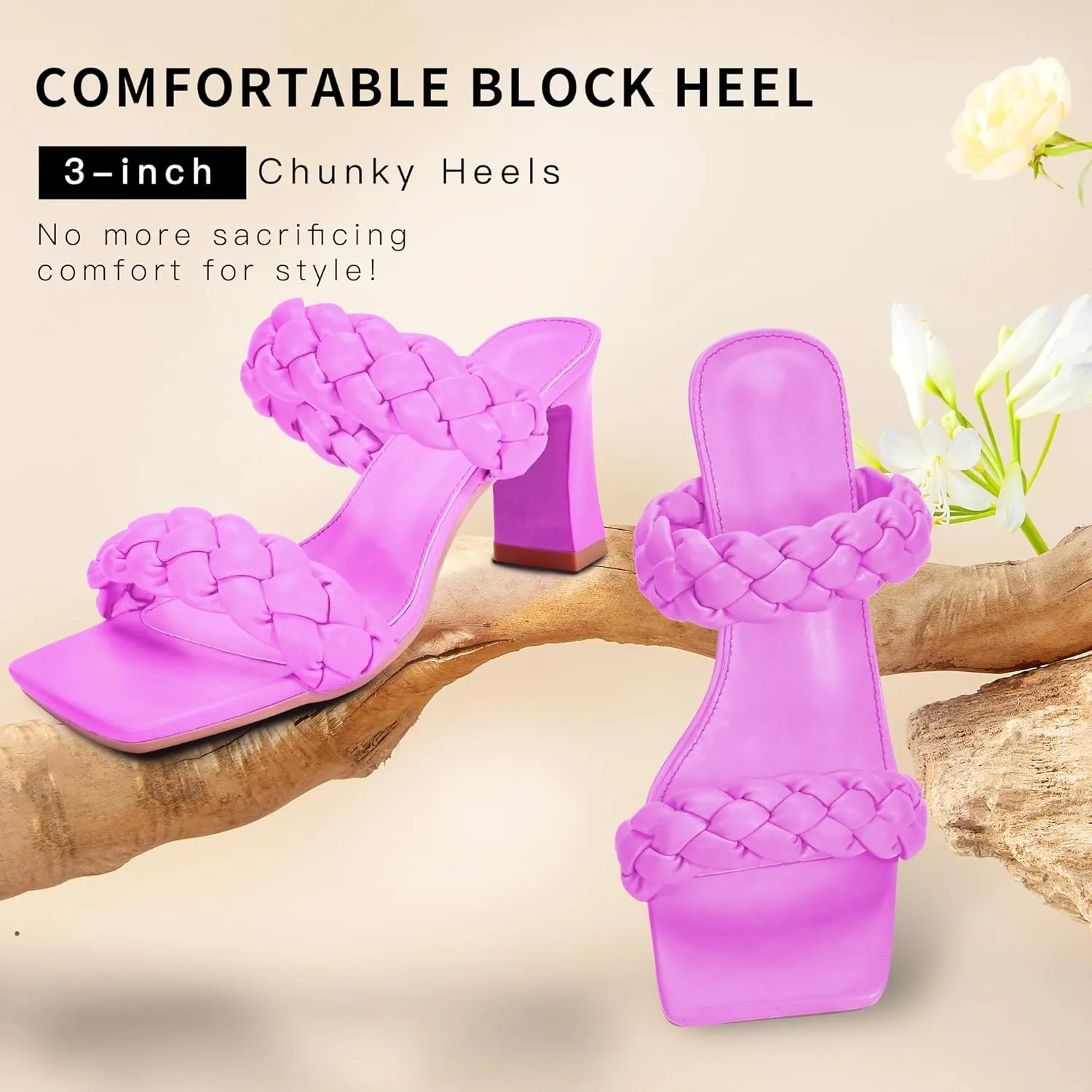 Women's Braided Heeled Sandals Fashion Square Toe Heels Block Chunky Heel Mules Slip On Dress Sexy Backless Summer High Heels Slipper