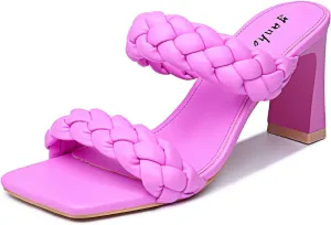 Women's Braided Heeled Sandals Fashion Square Toe Heels Block Chunky Heel Mules Slip On Dress Sexy Backless Summer High Heels Slipper