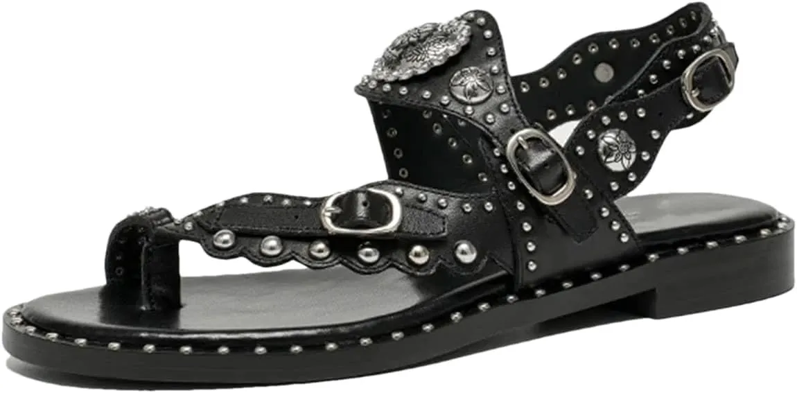 Women's Calfskin Floral Gladiator Sandals - Rivet Metal Buckle Summer Casual