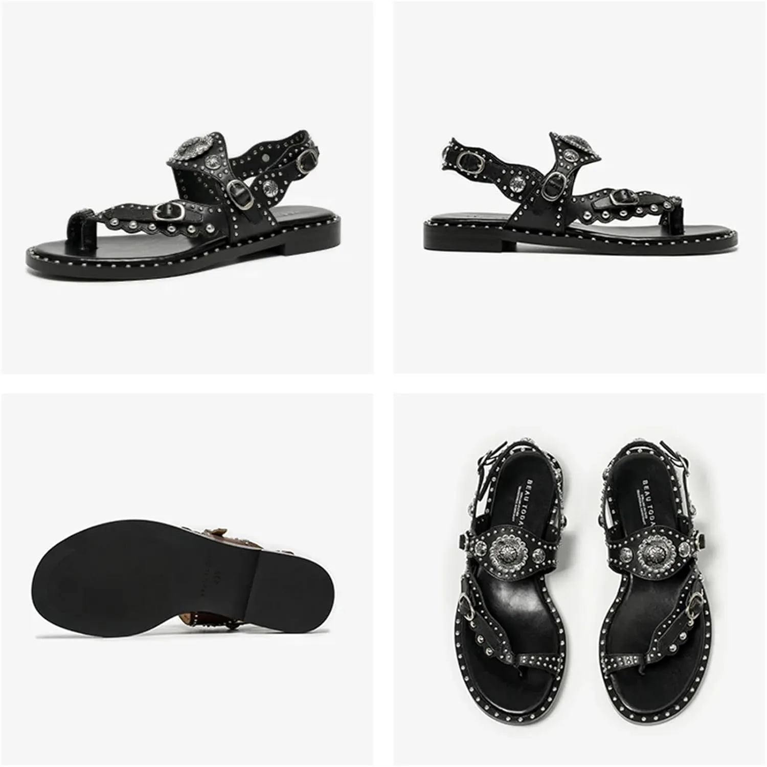 Women's Calfskin Floral Gladiator Sandals - Rivet Metal Buckle Summer Casual