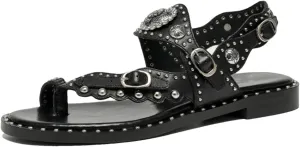 Women's Calfskin Floral Gladiator Sandals - Rivet Metal Buckle Summer Casual