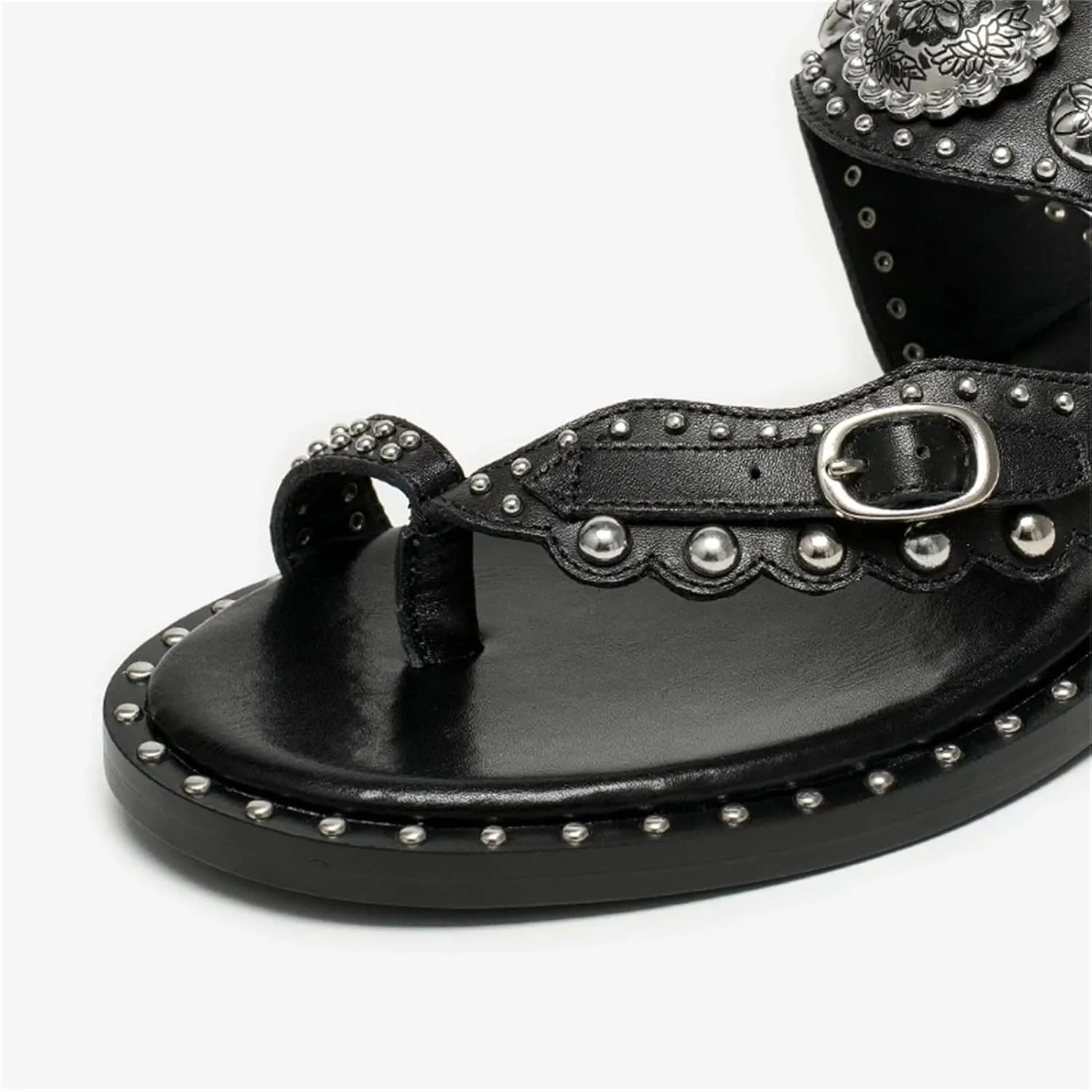Women's Calfskin Floral Gladiator Sandals - Rivet Metal Buckle Summer Casual