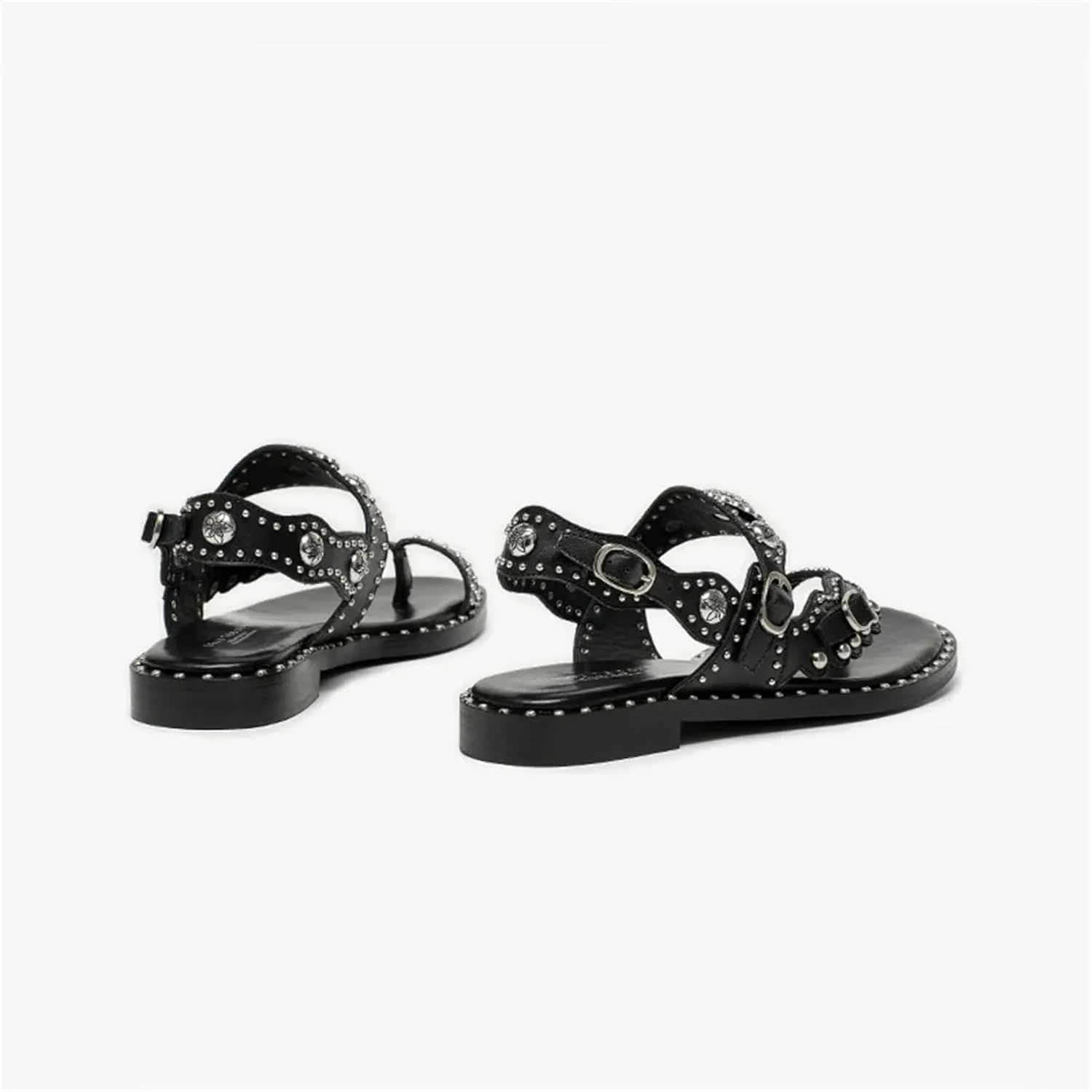 Women's Calfskin Floral Gladiator Sandals - Rivet Metal Buckle Summer Casual
