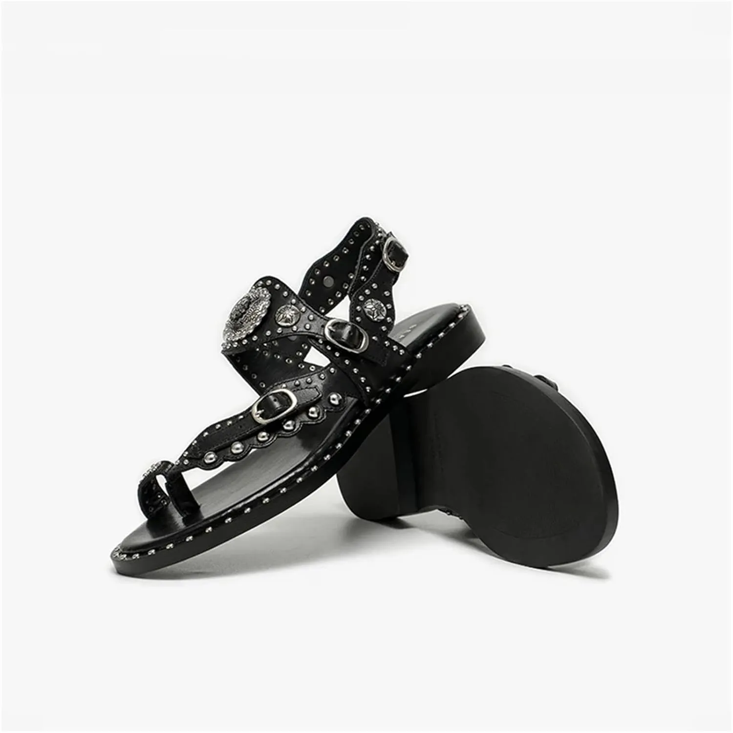 Women's Calfskin Floral Gladiator Sandals - Rivet Metal Buckle Summer Casual