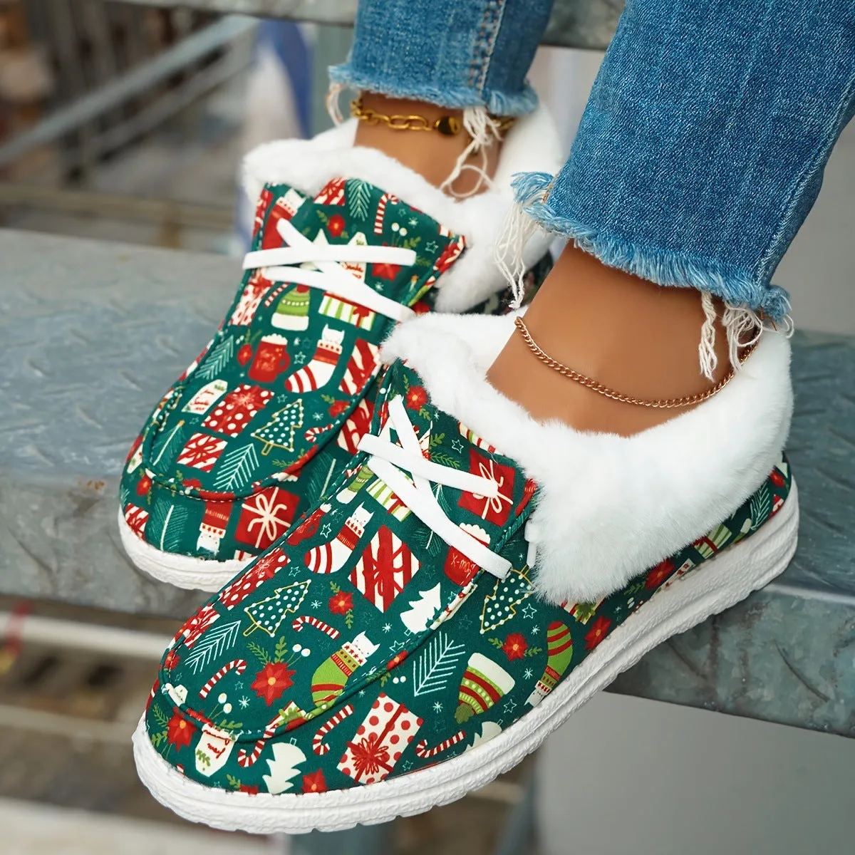 Women's Canvas Furry Loafers for Christmas