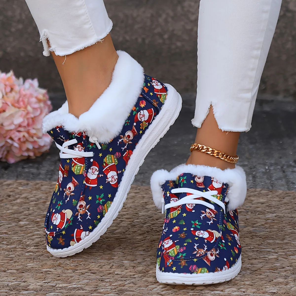 Women's Canvas Furry Loafers for Christmas