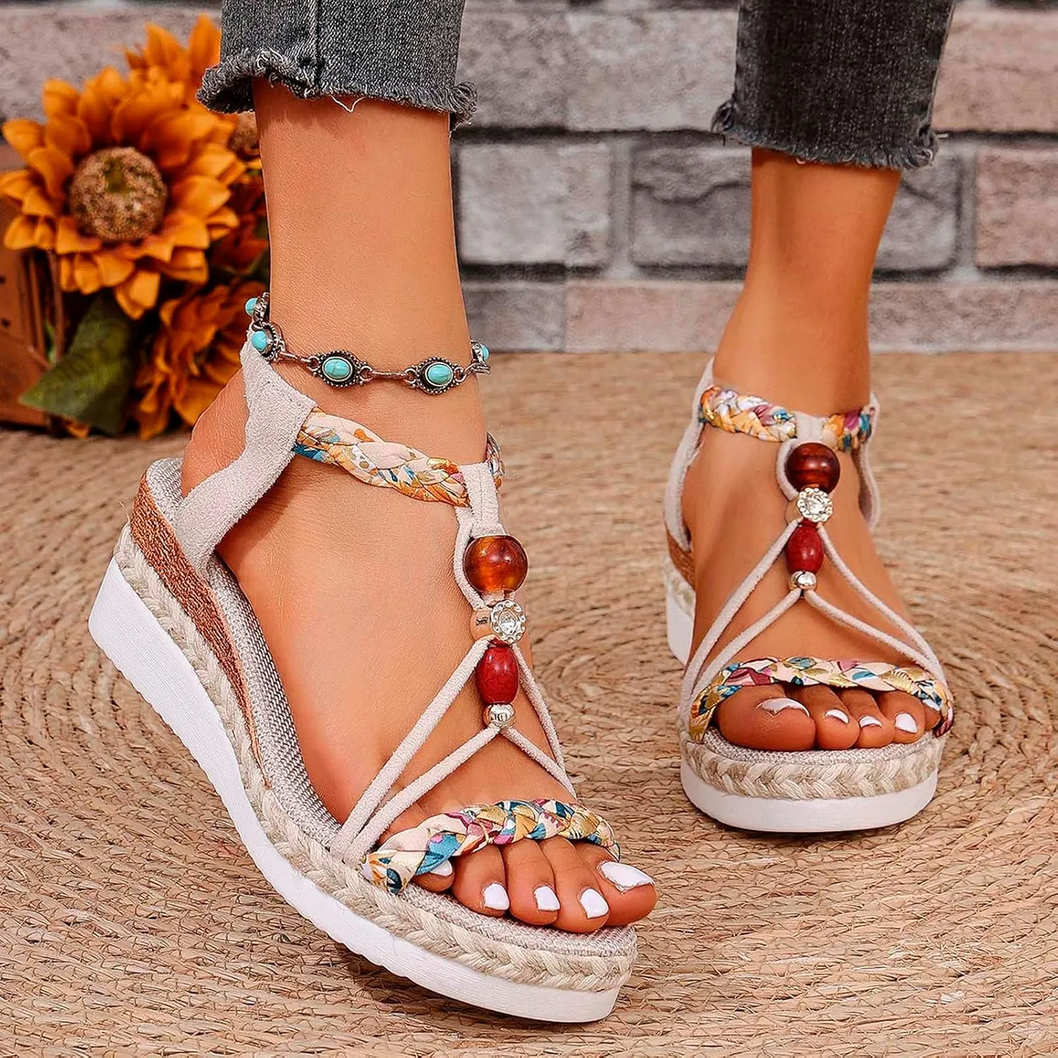 Womens Casual Bohemian Beach Sandals Orthopedic Wedge Sandals Ankle Strap Flip Flops Open Toe Flat Sandals 2025 Trendy