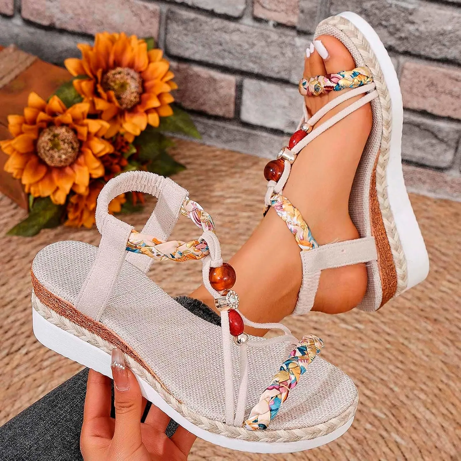 Womens Casual Bohemian Beach Sandals Orthopedic Wedge Sandals Ankle Strap Flip Flops Open Toe Flat Sandals 2025 Trendy