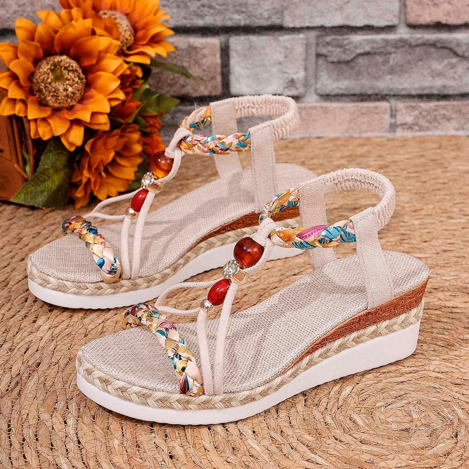 Womens Casual Bohemian Beach Sandals Orthopedic Wedge Sandals Ankle Strap Flip Flops Open Toe Flat Sandals 2025 Trendy