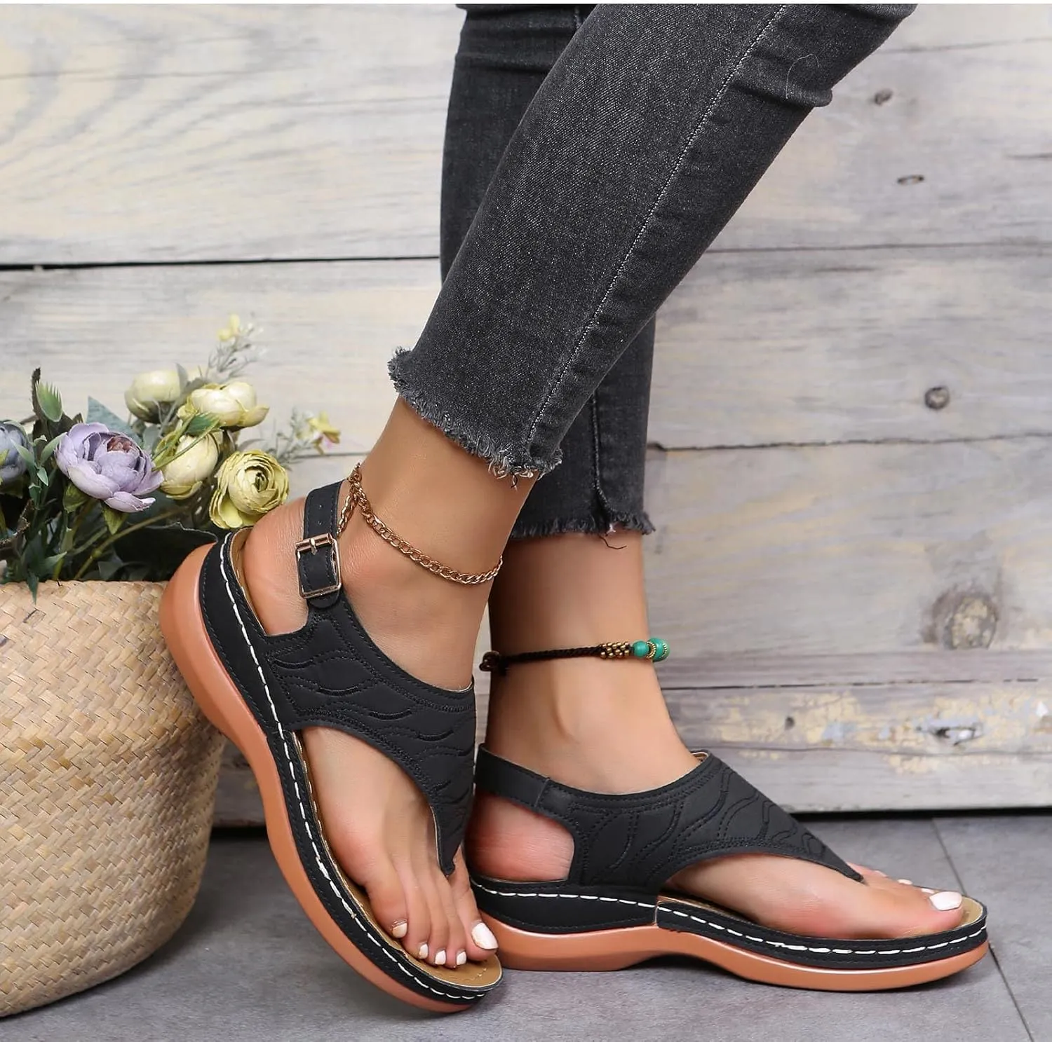Womens Casual Platform Wedges Sandals Summer Open Toe Flip Flop Thong Sandal Dress Walking Flats with Adjustable Ankle Buckle